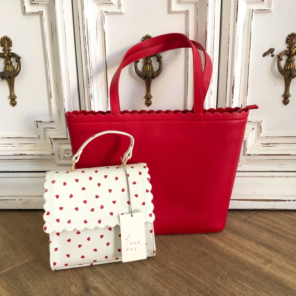 A New Day Red Scallop Tote + Red Heart Crossbody